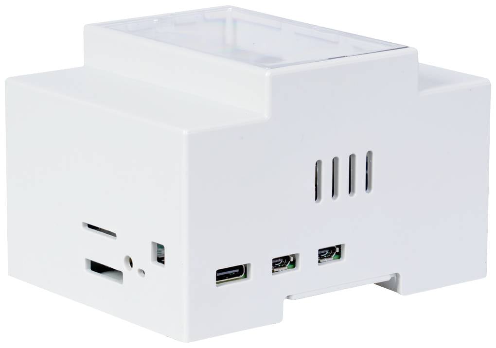 Biały, prostokątny elektroniczny sprzęt z wieloma portami z boku.