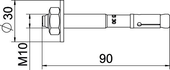 Rysunek techniczny śruby z wymiarami: średnica M10, długość całkowita 90 mm, szerokość główki 30 mm.