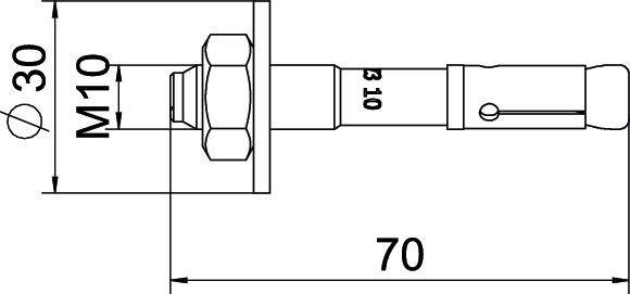 Rysunek techniczny sworznia z tuleją. Wymiary: średnica 30 mm, długość 70 mm, rozmiar gwintu M10.