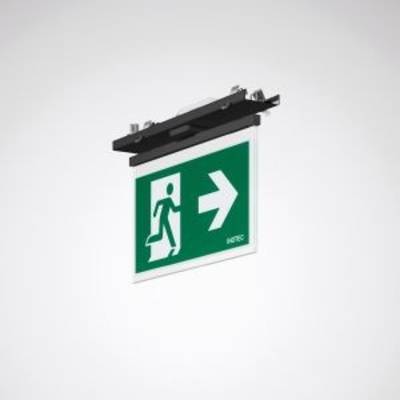 Znak awaryjnego wyjścia z symbolem strzałki skierowanej w prawo i piktogramem biegnącej osoby na zielonym tle.