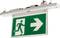 Zielony znak ewakuacyjny kieruje w prawo. Piktogram biegnącej postaci wskazuje drogę wyjścia awaryjnego w sytuacjach awaryjnych.