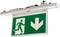 Zielony znak ewakuacyjny z symboliczną postacią biegnącą w lewo oraz strzałką skierowaną w dół. Znak jest umieszczony w górnej części.