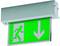 Znak awaryjnego wyjścia z zielonym tłem przedstawiający postać biegnącą w prawo i białą strzałkę skierowaną w dół.