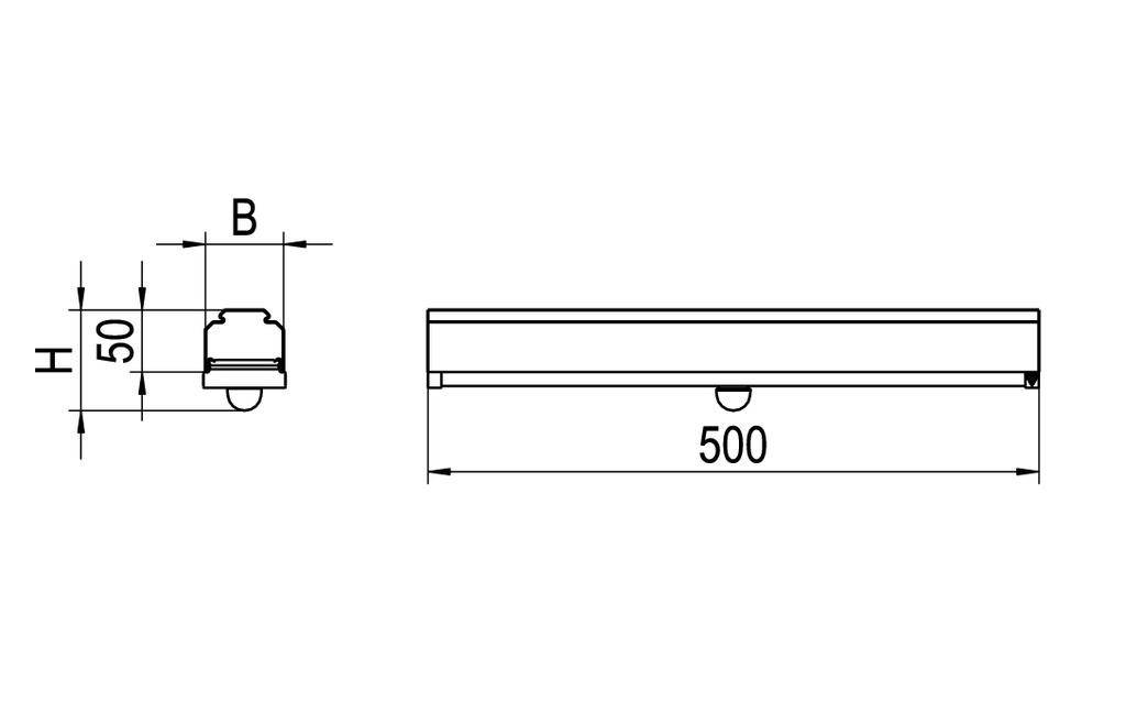 Rysunek techniczny prostokątnego obiektu. Wymiary: szerokość 500 mm, wysokość 50 mm. Widok z boku i z przodu z oznaczeniem wysokości B.