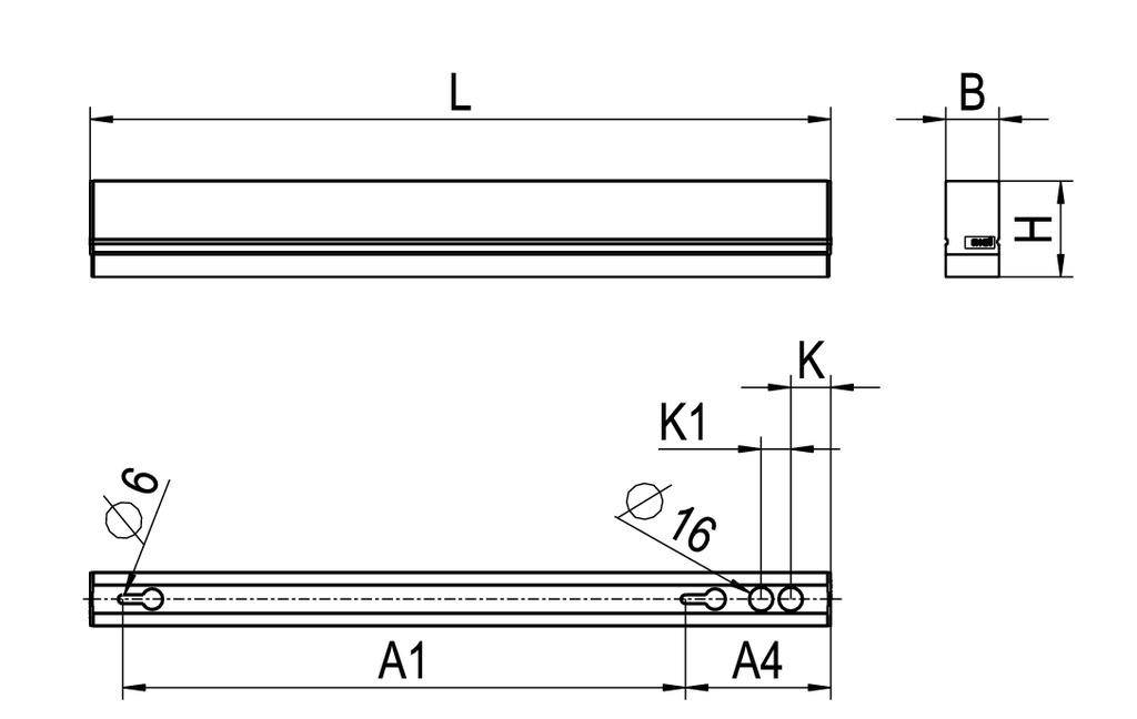 Rysunek techniczny prostokątnej szyny płaskiej z wymiarami 'L', 'B', 'A1', 'A4', 'K', 'K1', wysokością 'H' oraz otworami.