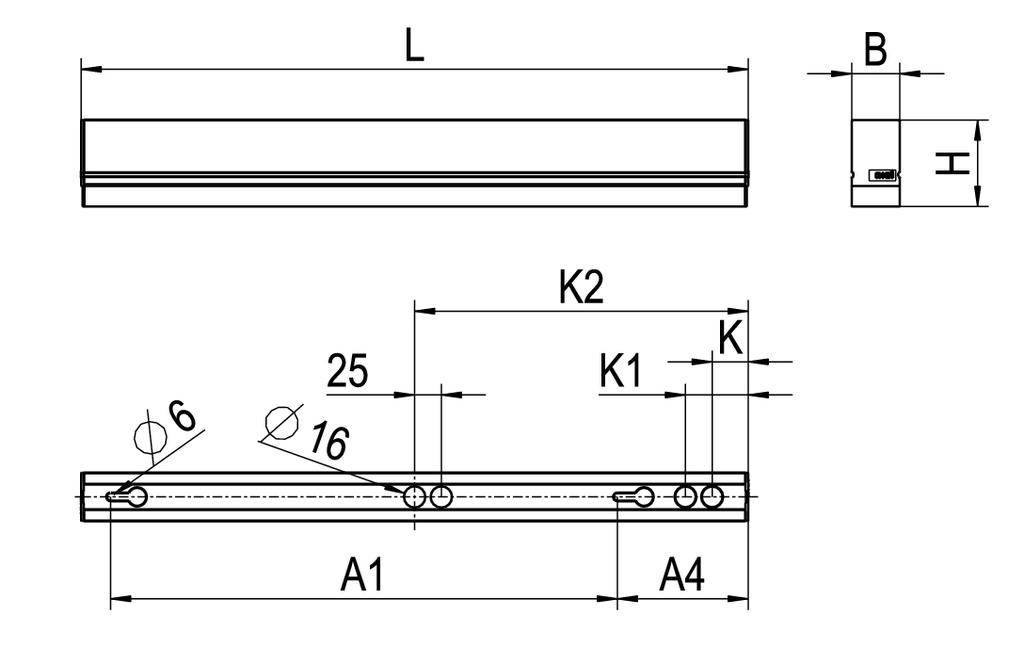 Rysunek techniczny podłużnego elementu z oznaczeniami długości: L, B, K, K1, K2, A1, A4. Otwory o średnicach 6 i 16.