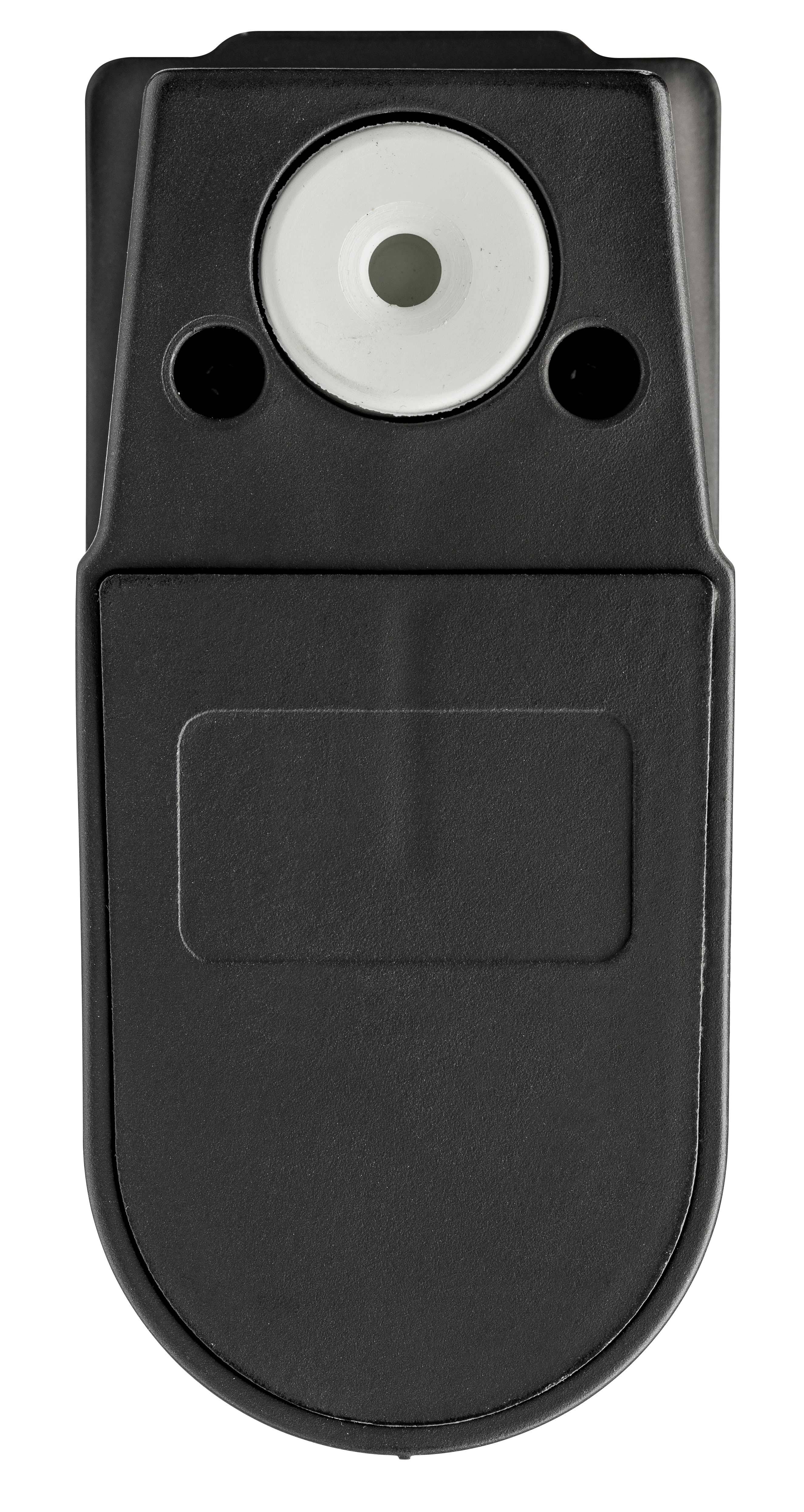 Czarny, prostokątny przyrząd z tworzywa sztucznego z okrągłym elementem na górze. Prawdopodobnie urządzenie elektroniczne lub czujnik.