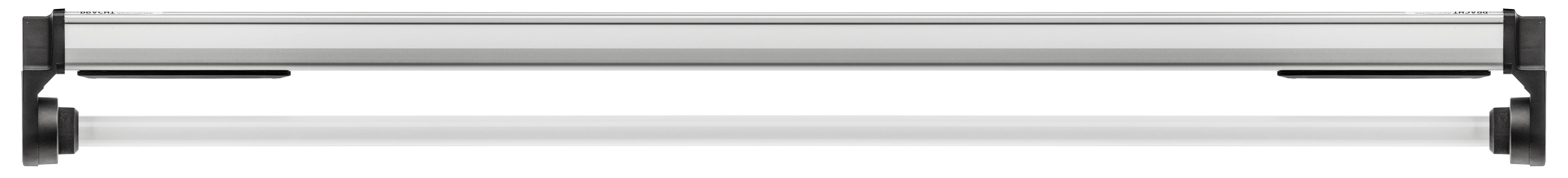 Srebrny pręt z czarnym uchwytem, prawdopodobnie część narzędzia lub urządzenia mocującego.