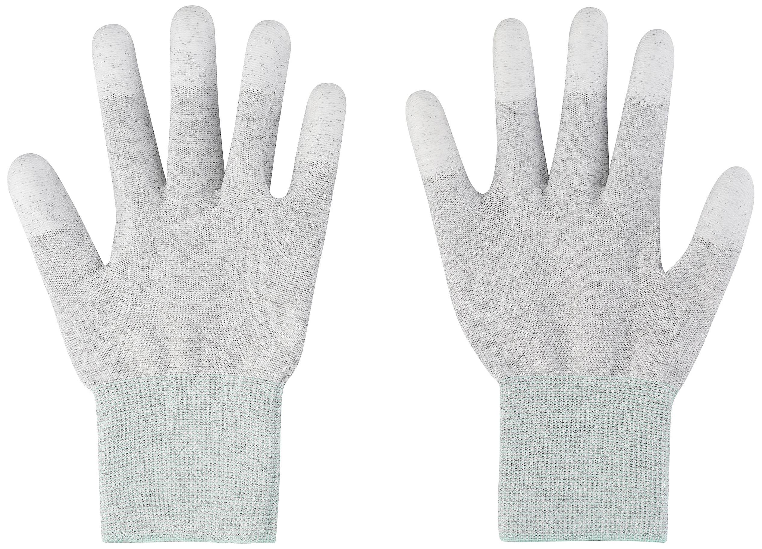 Dwa szare rękawice z białymi czubkami palców i zielonym mankietem leżą obok siebie. Nadają się one do precyzyjnych prac.