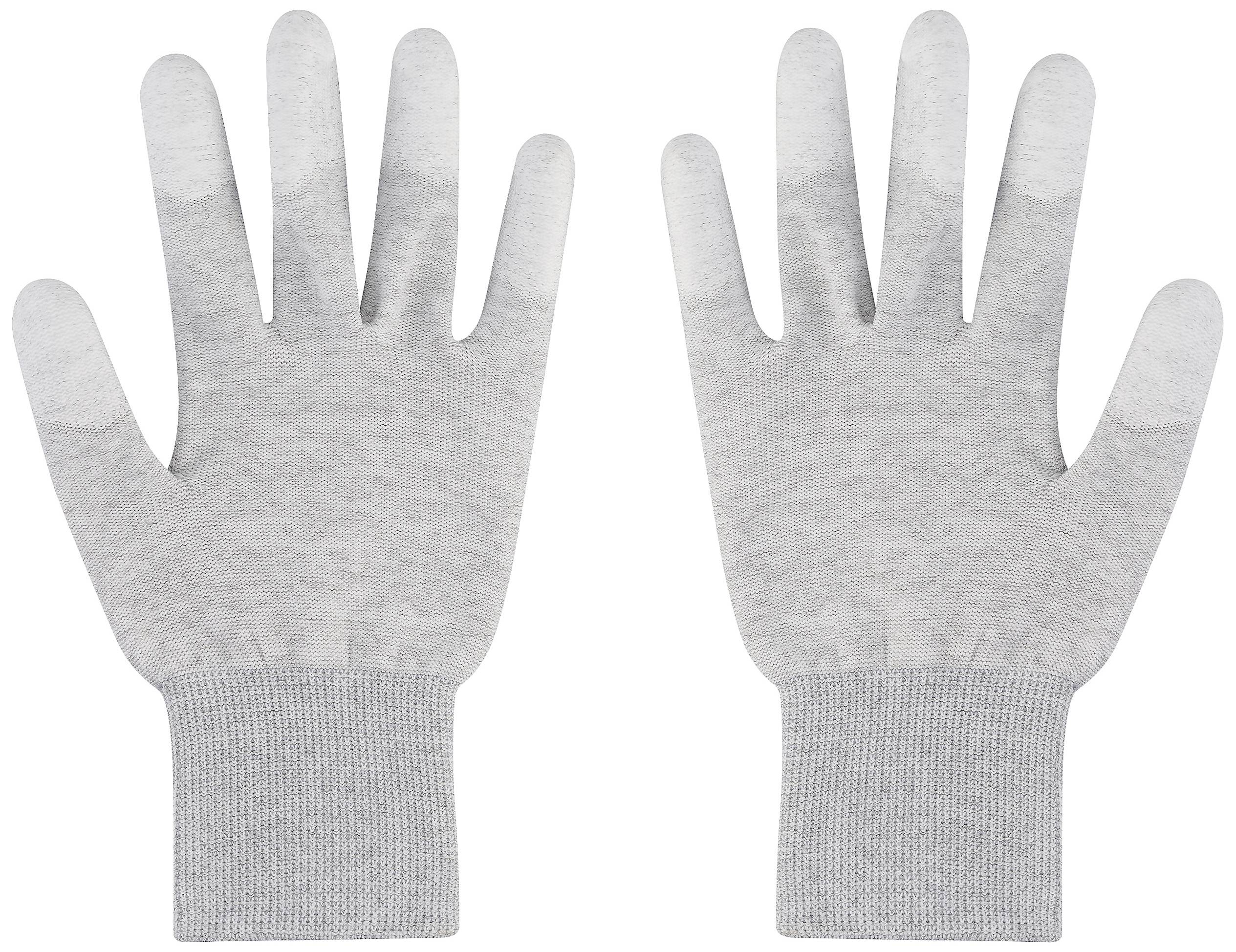 Para szarych rękawiczek z przewodzącymi zakończeniami palców, odpowiednich do obsługi ekranów dotykowych.