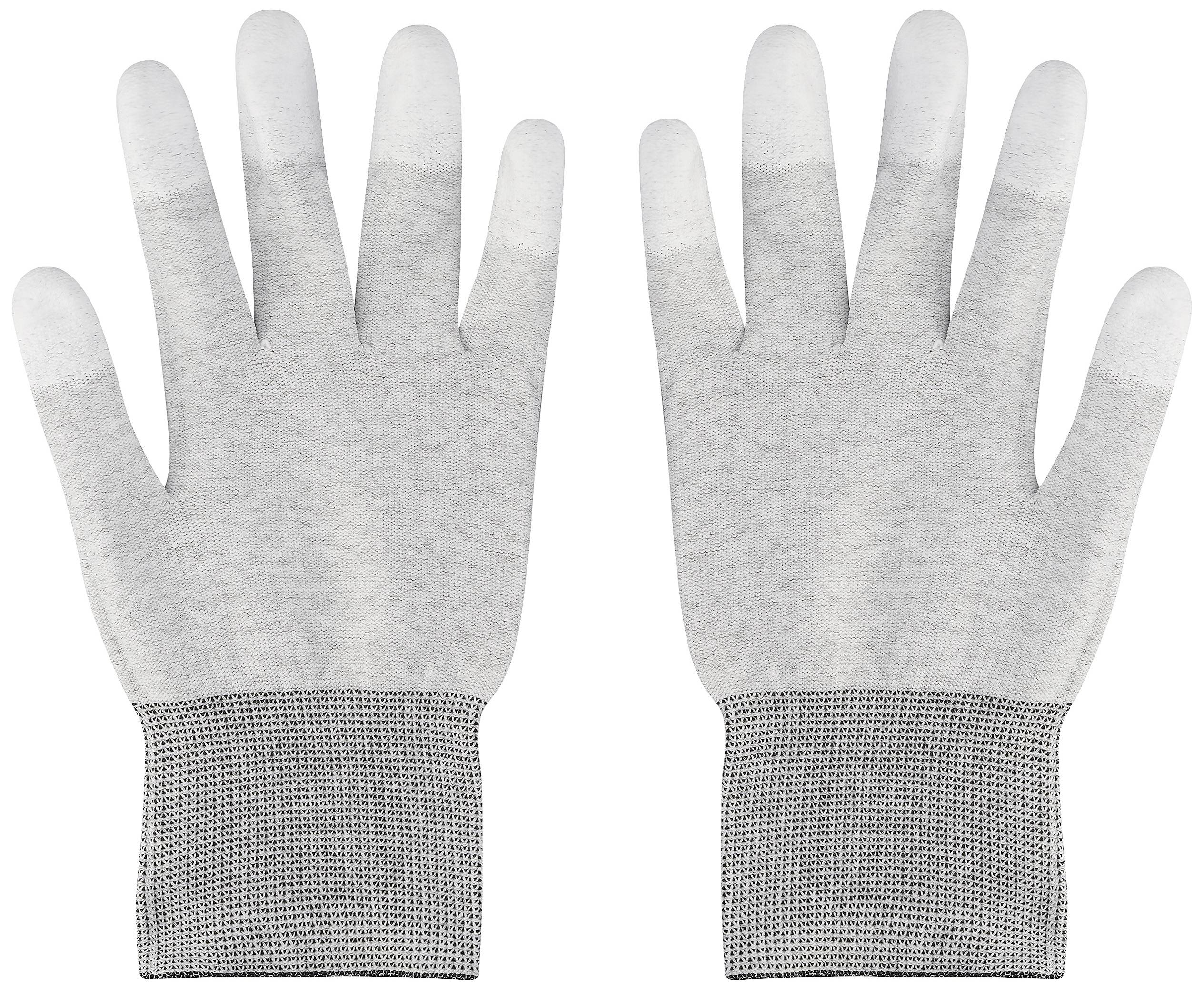 Dwa szare rękawice robocze z białymi czubkami palców, ułożone płasko obok siebie. Wydają się odpowiednie do ochrony lub lekkich prac montażowych.