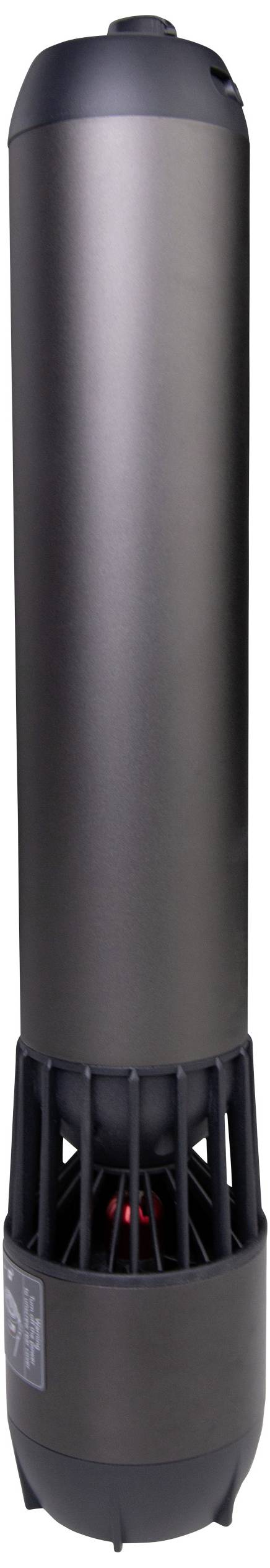 Czarny, cylindryczny promiennik grzewczy z zamkniętymi lamelkami od dołu. Idealny do zastosowań na zewnątrz, nowoczesny i smukły w designie.