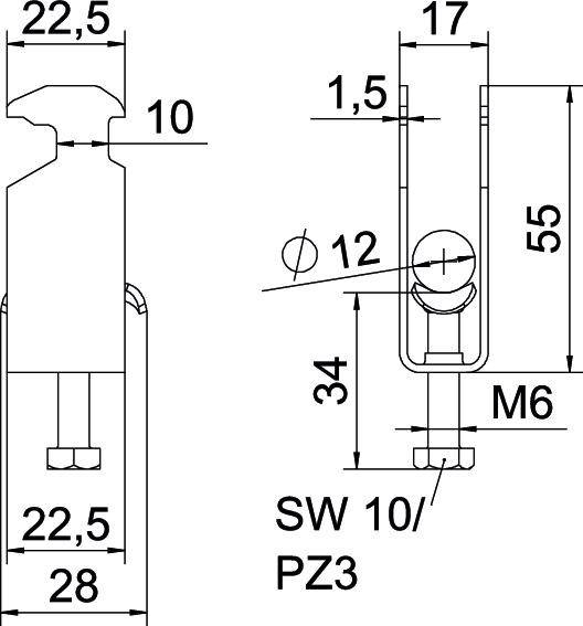 Rysunek techniczny elementu łączącego z wymiarami: wysokość 55 mm, szerokość 22,5 mm. Oznaczenia gwintu M6, rozstaw klucza SW 10/PZ3.