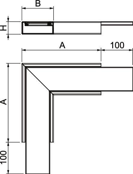 Rysunek techniczny kąta 90-stopniowego z wymiarami: A, B, H oraz 100 mm. Widok z góry i z boku.