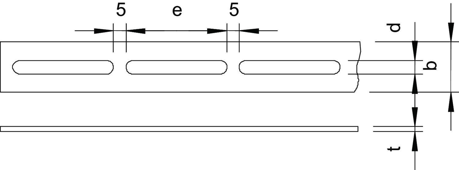 Rysunek techniczny prostokątnego paska z otworami owalnymi. Odstępy: 5, e, 5. Podane wymiary długości d, b, t.