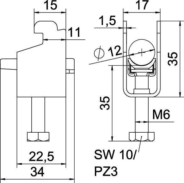 Rysunek techniczny zacisku mocującego z wymiarami: szerokość 22,5 mm, wysokość 35 mm, śruba M6, rozmiar klucza SW 10/PZ3.