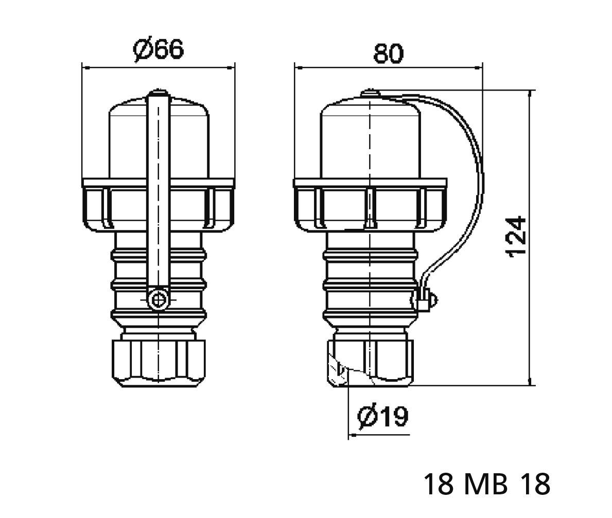 Rysunek techniczny dwóch zaworów z wymiarami: średnica 66 mm, 80 mm, 19 mm; wysokość 124 mm. Oznaczenie '18 MB 18'.