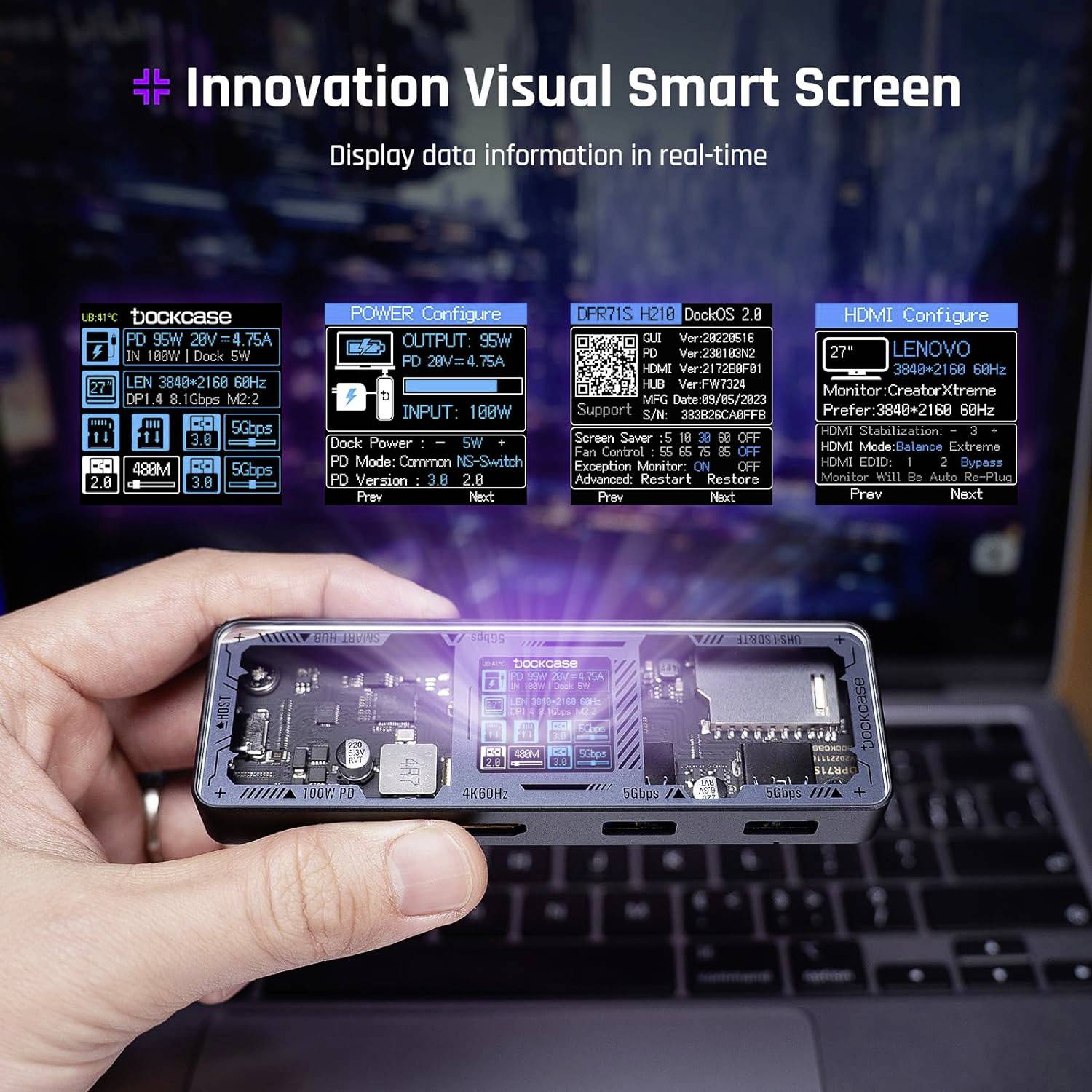 Dłoń trzyma urządzenie z przezroczystym ekranem wyświetlającym dane elektroniczne. W tle widoczny jest laptop z podobnymi wyświetlaczami.