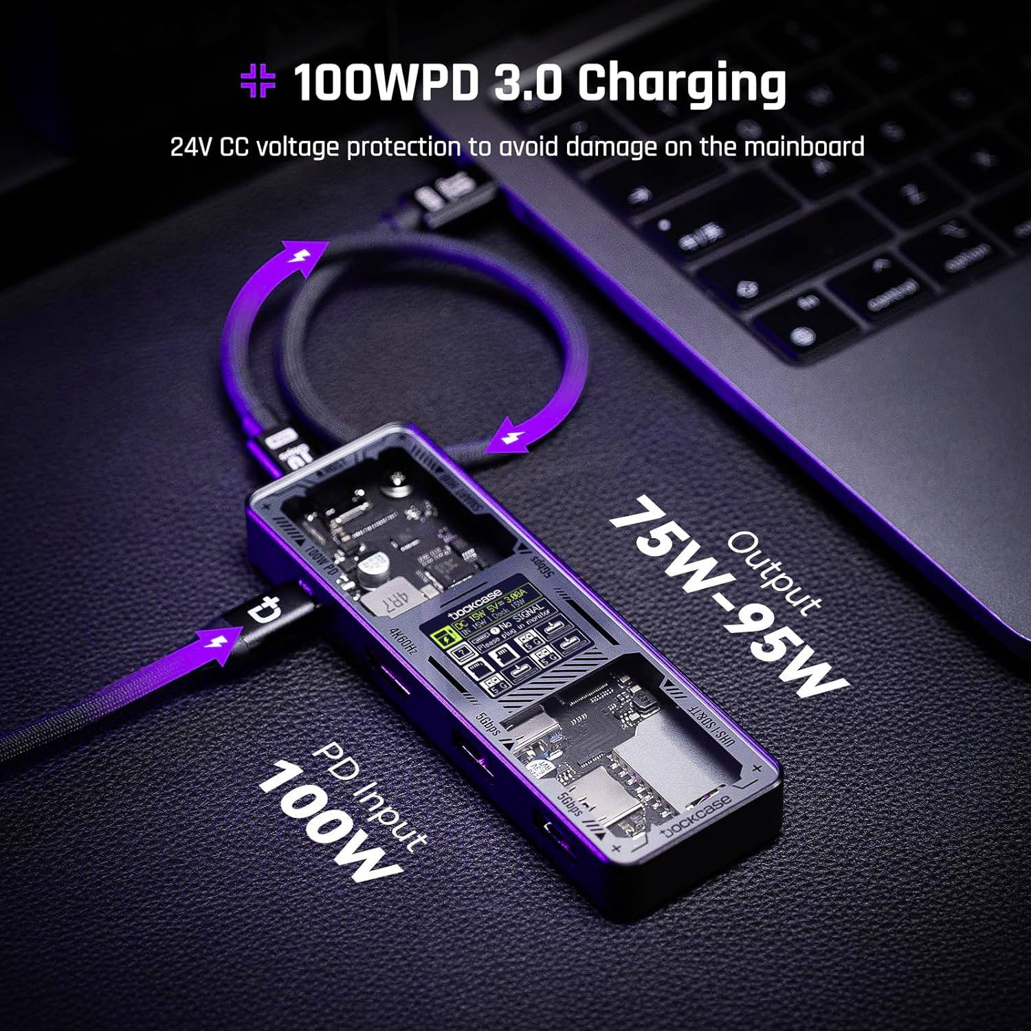 Podłączenie ładowarki '100WPD 3.0' do laptopa wyświetla szczegóły napięcia i mocy: wejście PD 100W, wyjście 75W-95W. Zabezpieczenie prądu stałego 24V.