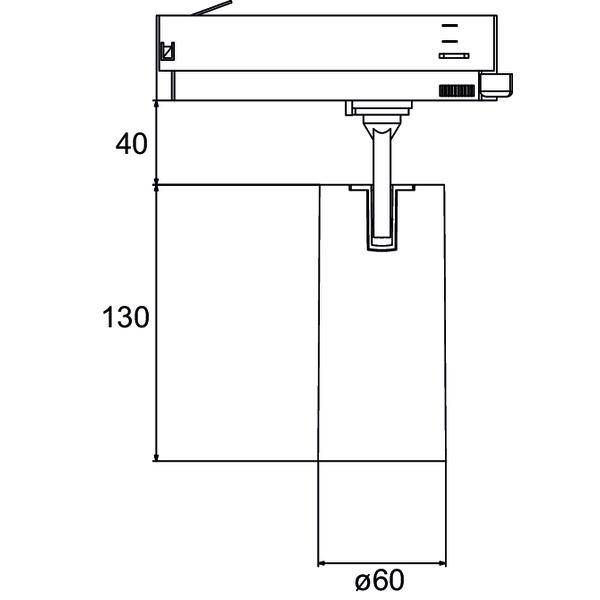 'Rysunek techniczny kranu: Wysokość 130 mm, szerokość 40 mm, wylot rury o średnicy 60 mm.'