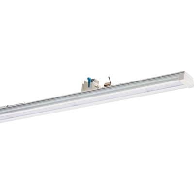 Lampa przemysłowa z podłużną, srebrną obudową i wewnętrznymi elementami elektrycznymi. Zaprojektowana do wydajnego oświetlenia.