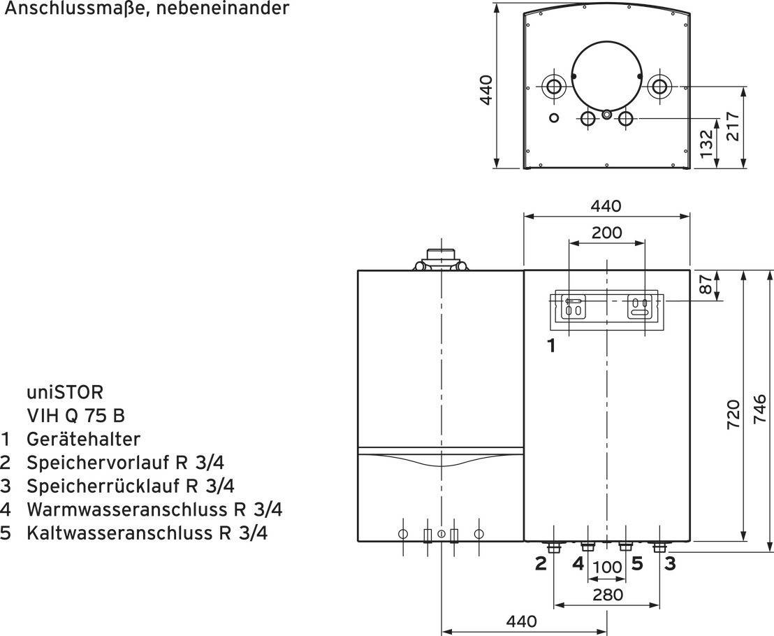 Rysunek 'Rozmiarów przyłączy, obok siebie' przedstawia bojler uniSTOR VIH Q 75 B z widokiem z przodu i z boku, z wymiarami i oznaczeniami przyłączy.
