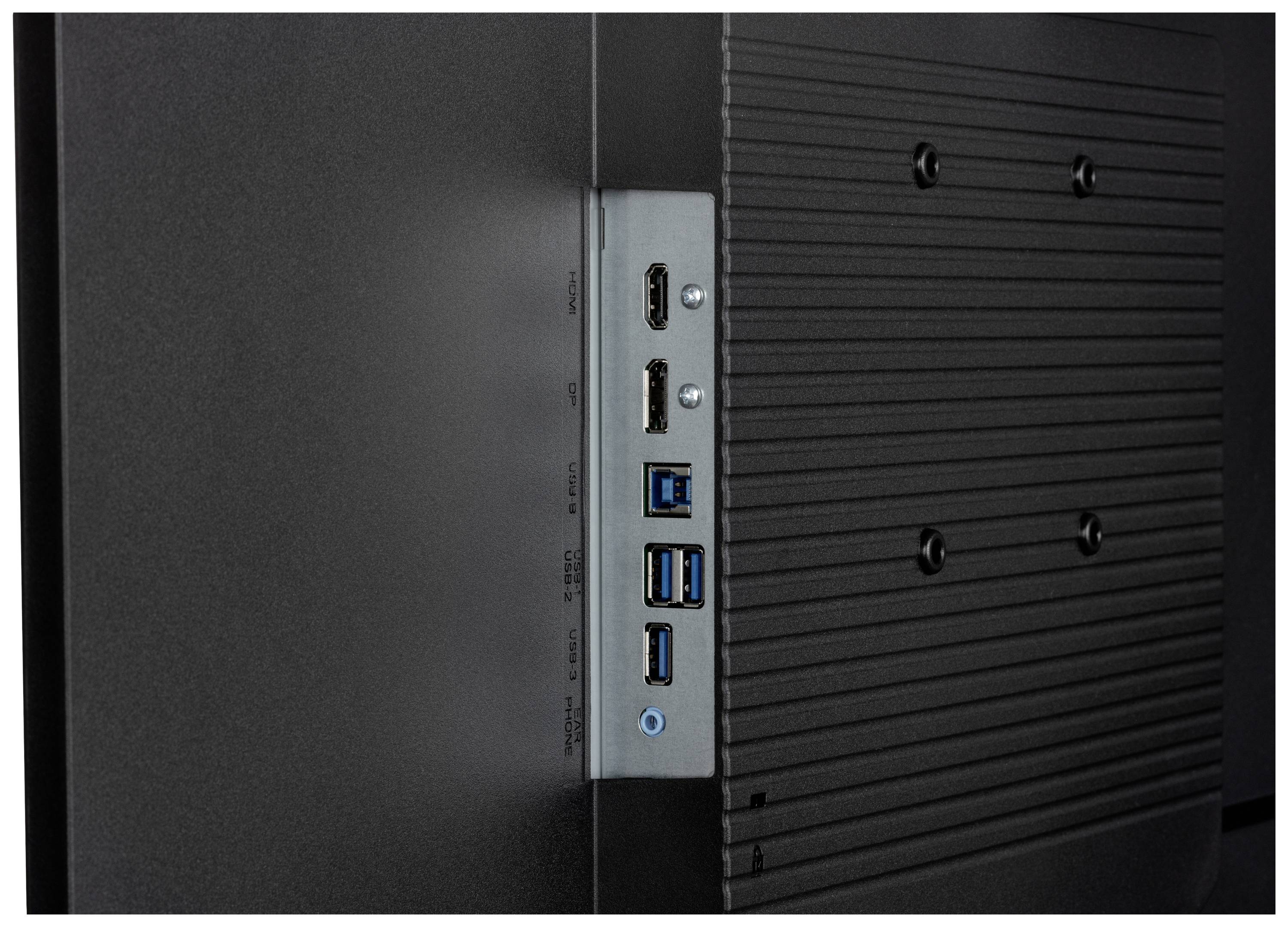 Widok boczny monitora z wieloma złączami, w tym HDMI, DisplayPort i USB.