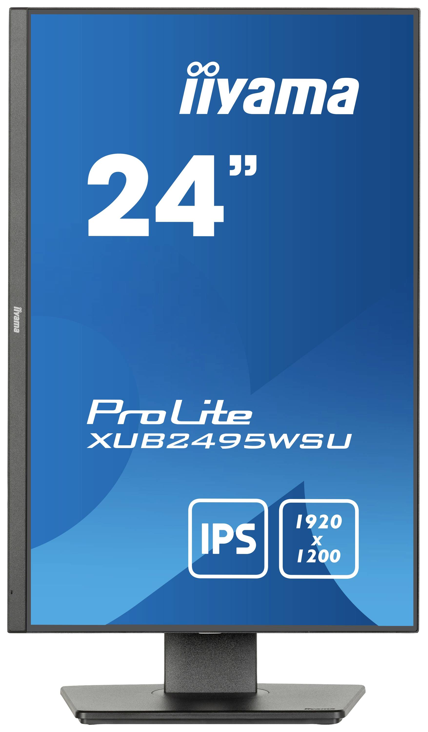 Monitor z czarną ramką, wyświetlający 'iiyama', '24"', 'ProLite XUB2495WSU', 'IPS', '1920 x 1200' na niebieskim tle.