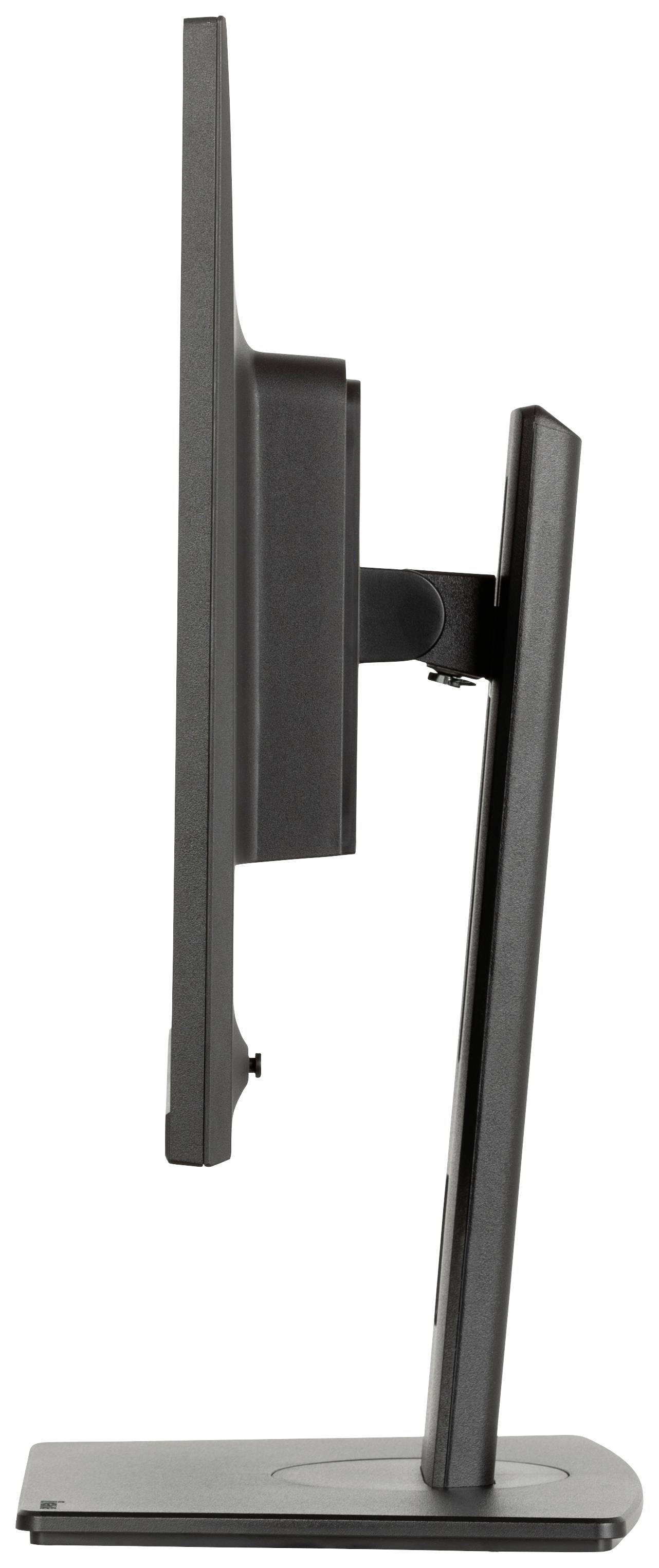 Monitor z płaskim ekranem, zamontowany na podstawce, widziany z boku.