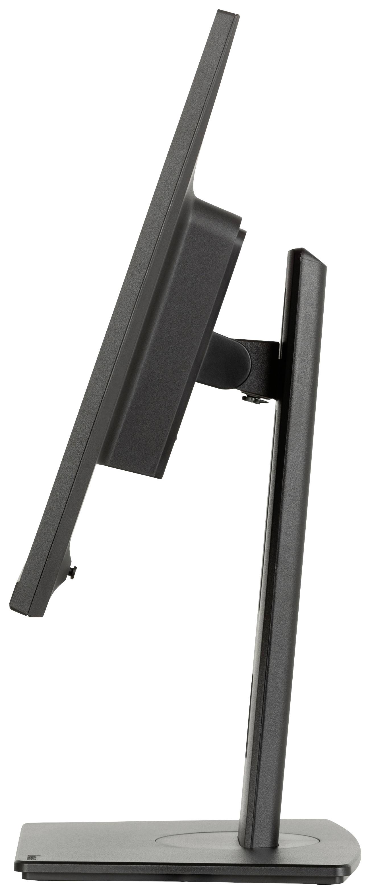 Widok z boku płaskiego monitora komputerowego na obrotowym stojaku, prezentujący smukłą i minimalistyczną stylistykę.