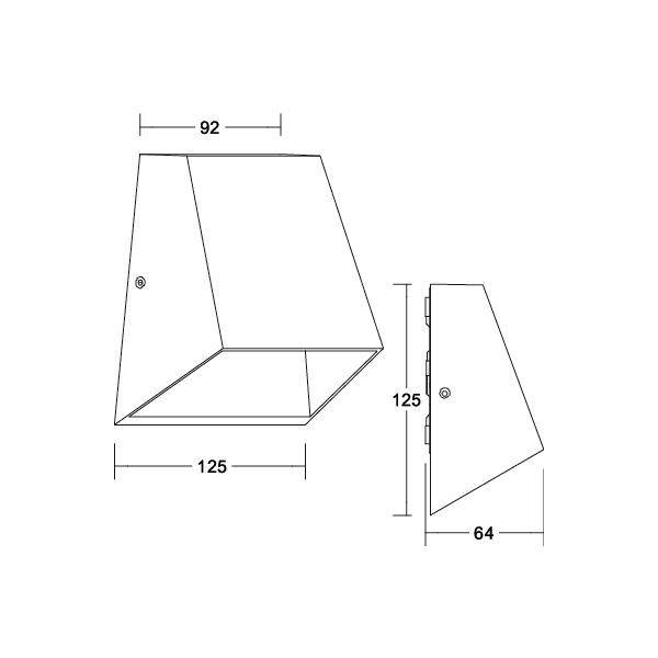 Szkic przedstawia trapezową lampę o wymiarach: szerokość 125 mm, wysokość 125 mm, głębokość 92 mm. Widok z boku ukazuje głębokość 64 mm.