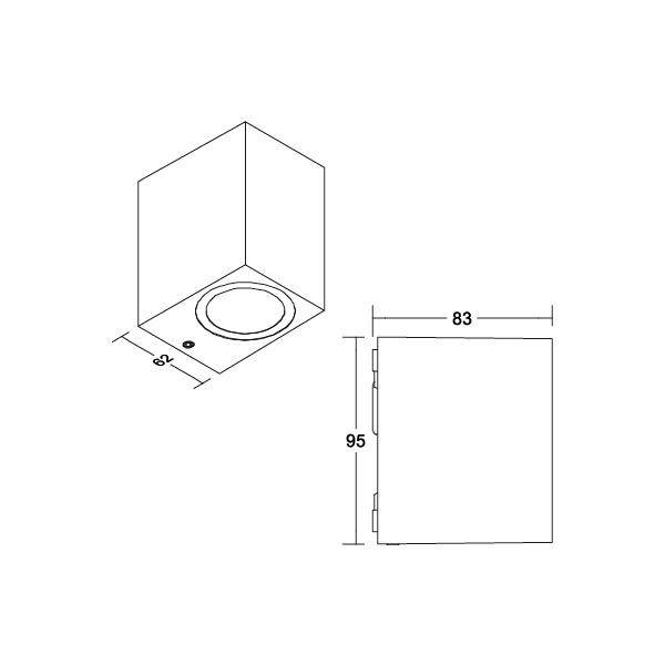 Rysunek techniczny kwadratowego pomieszczenia z okrągłym podium pośrodku. Wymiary: 82 cm x 83 cm x 95 cm.