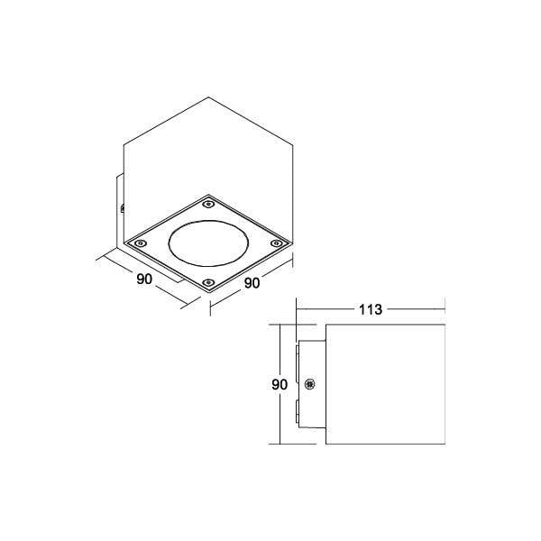 Rysunek techniczny wspornika ściennego z wymiarami: podstawa 90x90 mm, wysokość 113 mm. Odpowiedni do montażu na ścianach.