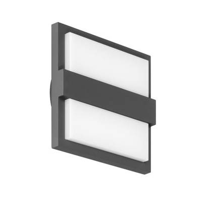 Kwadratowy kinkiet z czarną ramą i dwoma białymi, prostokątnymi panelami świetlnymi. Nowoczesny design.