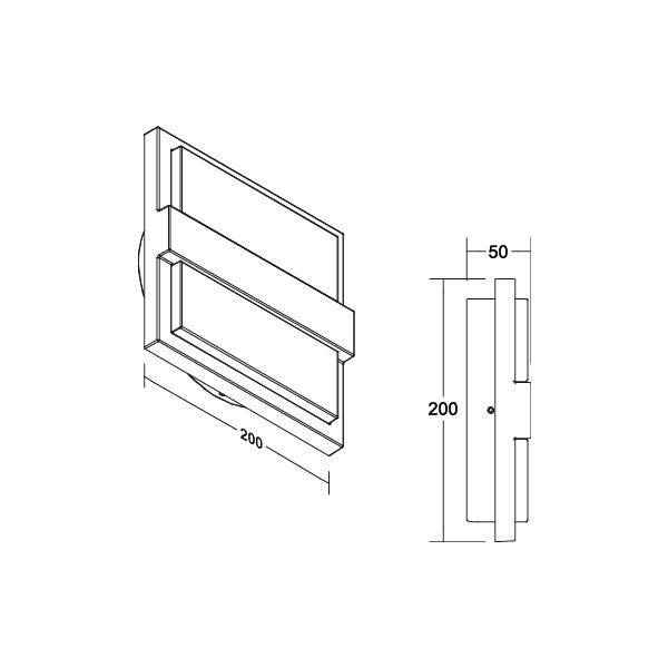Rysunek klamki kwadratowej o wymiarach 200 x 200 mm i głębokości 50 mm. Widok z boku przedstawia punkt mocowania.