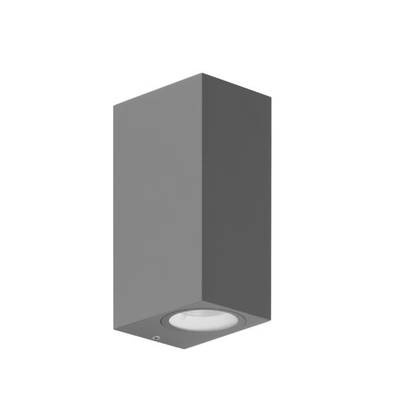 Prosta, prostokątna lampa zewnętrzna w kolorze szarym, przeznaczona do montażu ściennego, kierująca światło w dół. Idealna do nowoczesnych budynków.