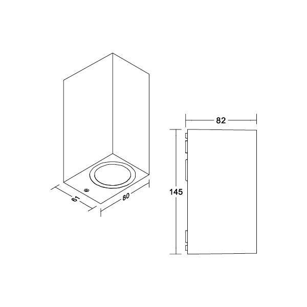 Rysunek techniczny prysznica o wymiarach: 80 x 80 cm powierzchni podłogi, 61 cm wysokości ścianki tylnej, 82 cm szerokości, 145 cm wysokości.
