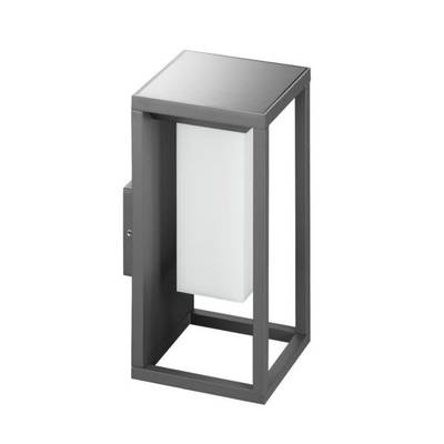Nowoczesna, prostokątna lampa ścienna z metalu w ciemnoszarym kolorze z białym, pionowo umieszczonym dyfuzorem światła.