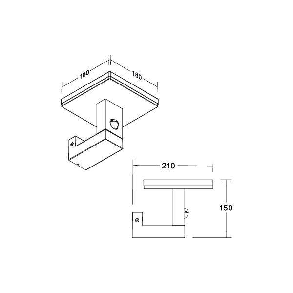 Rysunek techniczny kwadratowego wspornika sufitowego z wymiarami: 180x180 mm u góry, szerokość 210 mm, wysięg 150 mm.