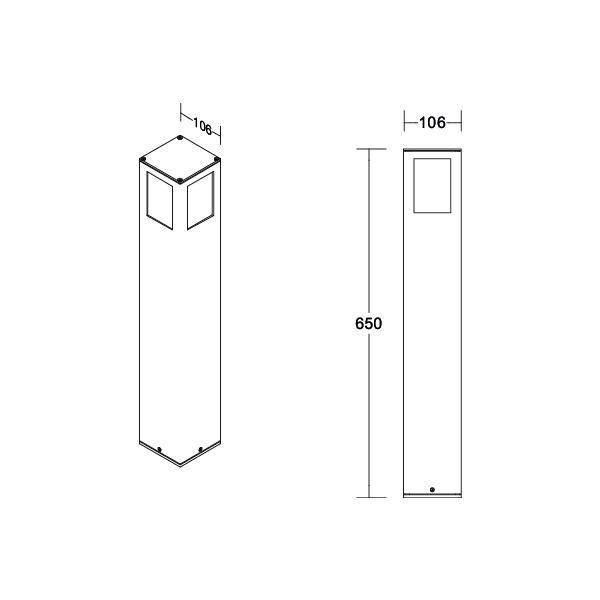 Rysunek słupa kwadratowego. Wymiary: 106 mm szerokości, 650 mm wysokości. Widoki z przodu i z boku.