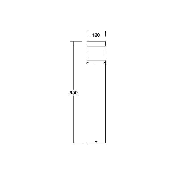 Rysunek cylindrycznej kolumny, wysokość 650 mm, średnica 120 mm, widok z boku z oznaczeniami wymiarów.
