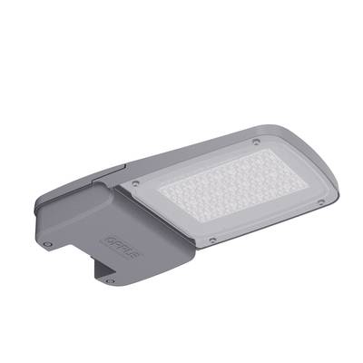 Lampa uliczna LED w nowoczesnym designie, o prostokątnym kształcie, w kolorze srebrnym, z białym panelem świecącym, z regulowanym mocowaniem.