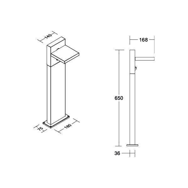 Rysunek techniczny prostokątnego słupa z wymiarami. Wysokość: 650 mm, szerokość: 100 mm, głębokość: 100 mm, wysięgnik boczny 168 mm.