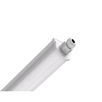 Biała listwa LED z cylindrycznym złączem, na czarnym tle. Nowoczesny design, odpowiednia do oświetlenia wnętrz.