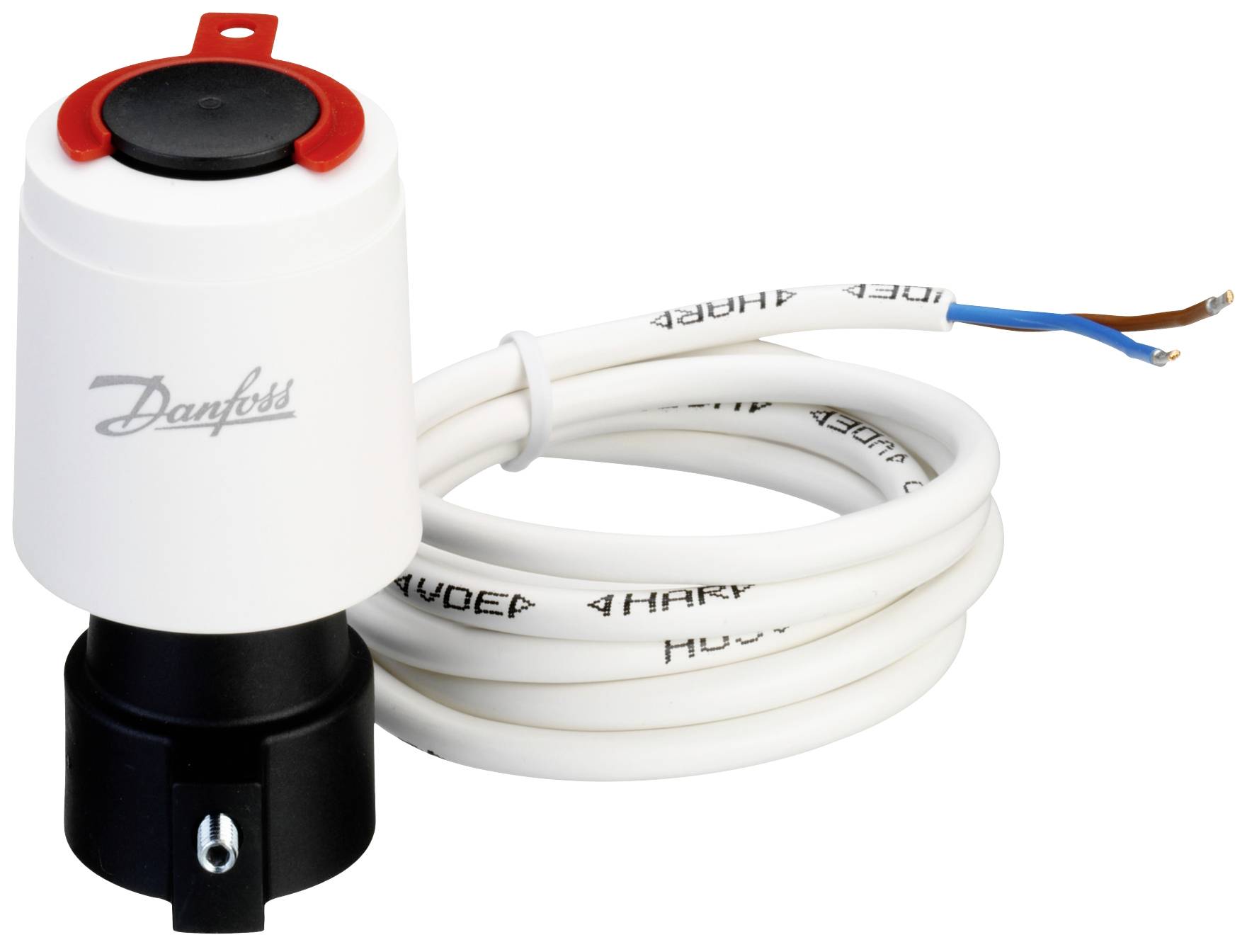 Biały elektryczny siłownik zaworowy marki 'Danfoss' z podłączonym przewodem do systemów grzewczych lub chłodzących.