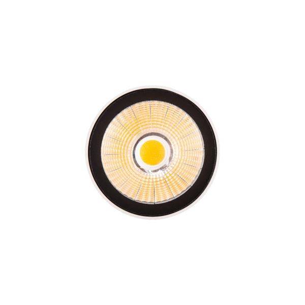 Okrągła lampa LED z naprzemiennymi żółtymi i pomarańczowymi pierścieniami, umieszczona centralnie w czarnym kole.