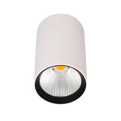 Biała cylindryczna lampa sufitowa o otwartej konstrukcji z widocznym wewnętrznym reflektorem, idealna do nowoczesnych wnętrz.