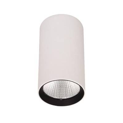 Lampa sufitowa w kształcie cylindra z białą obudową, skierowana w dół. Idealna do nowoczesnych wnętrz.