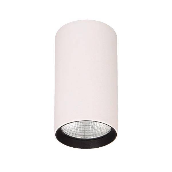 Biała cylindryczna lampa sufitowa z czarną obwódką i widocznym reflektorem. Idealna do nowoczesnego oświetlenia wnętrz.