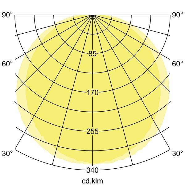 Diagram polarny przedstawia rozkład światła źródła świetlnego. Osie od 0° do 360°, wartości skali od 0 do 90°. Główne promieniowanie skierowane w górę.